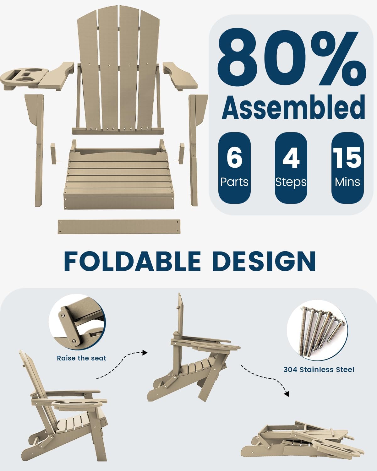 FOOWIN Folding Adirondack Chair, HDPE Adirondack Chairs with Cup Holder, Weather Resistant Plastic Fire Pit Chairs for Outdoor, Patio, Lawn, Garden, Backyard, Deck, Brown