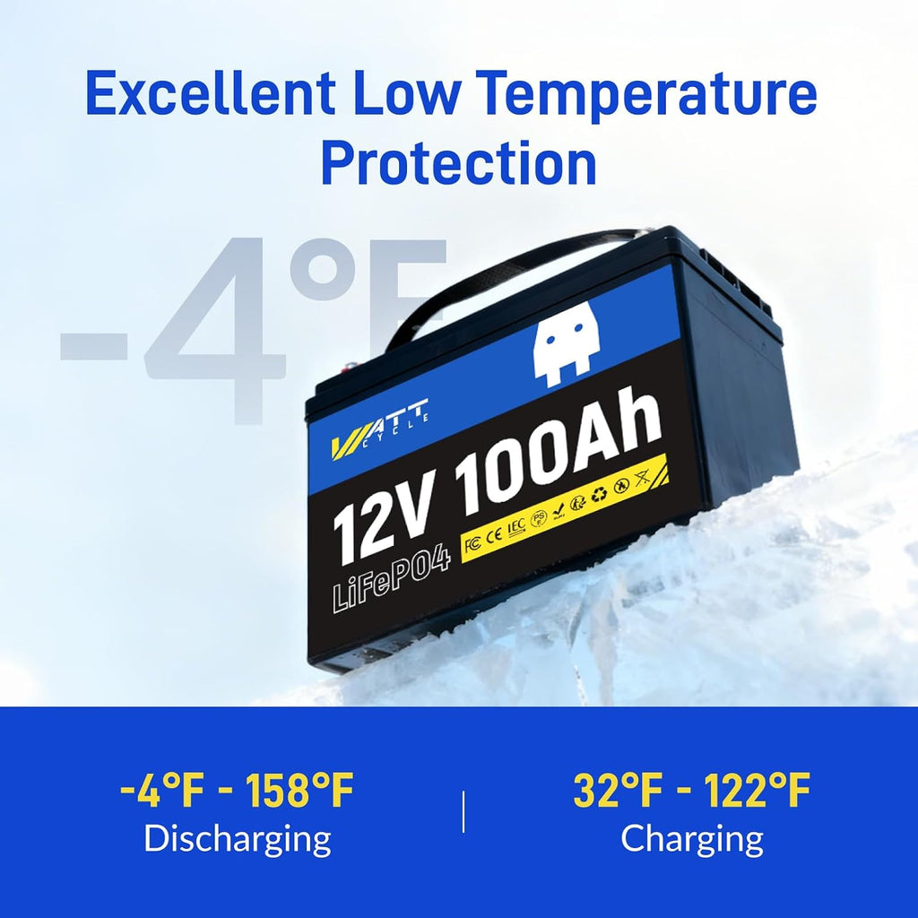 WattCycle 12V 100Ah LiFePO4 Lithium Battery 4 Packs - Built-in 100A BMS, BCI Group 24, Low-Temperature Protection, 15000 Cycles - Ideal for RVs, Golf Cart, Home Energy Storage, Marine, Solar, Off-Grid