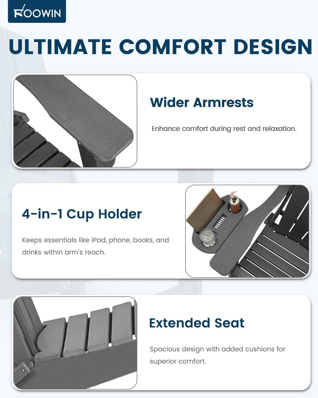 FOOWIN Folding Adirondack Chair, HDPE Adirondack Chairs with Cup Holder, Weather Resistant Plastic Fire Pit Chairs for Outdoor, Patio, Lawn, Garden, Backyard, Deck, Grey