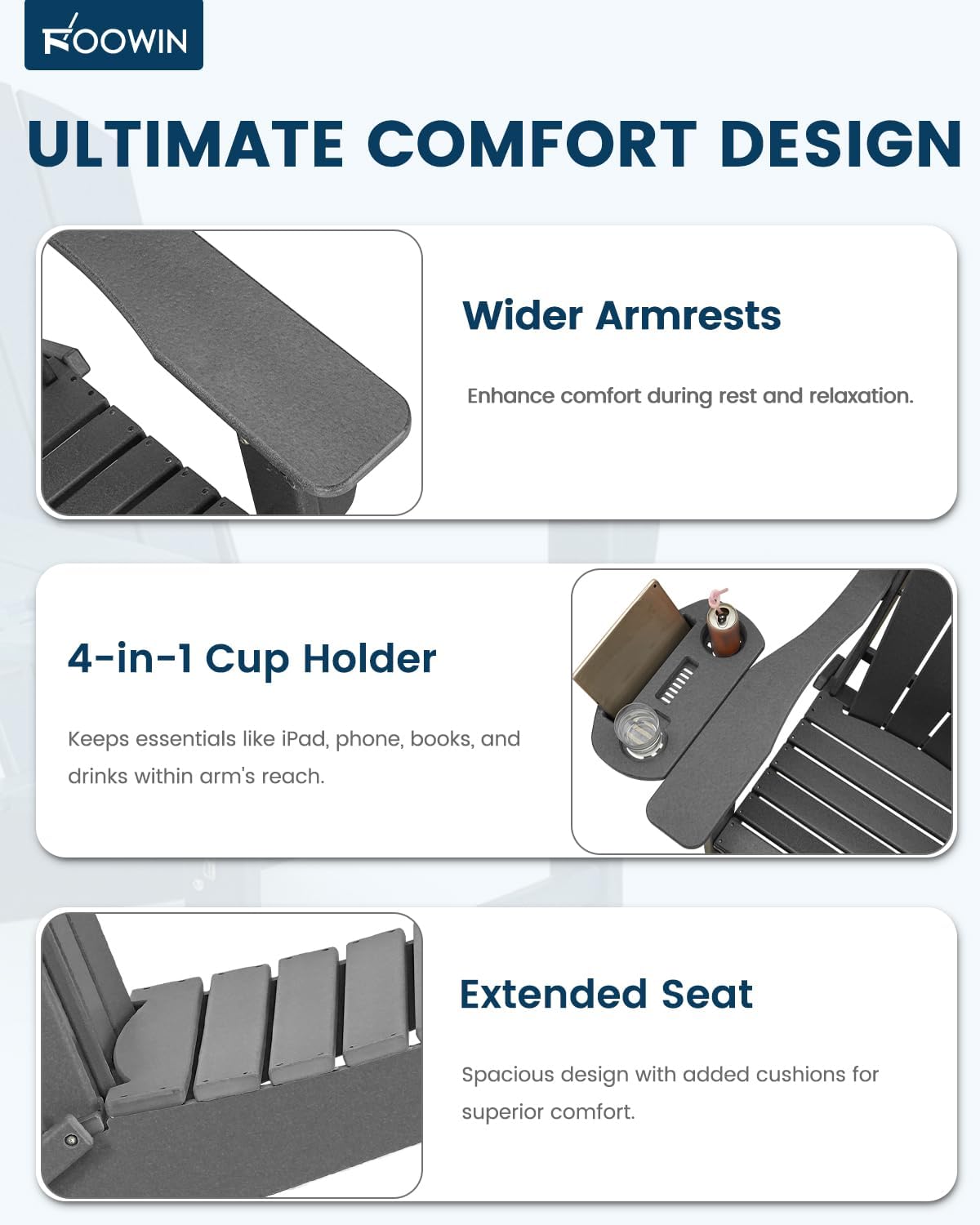 FOOWIN Folding Adirondack Chair, HDPE Adirondack Chairs with Cup Holder, Weather Resistant Plastic Fire Pit Chairs for Outdoor, Patio, Lawn, Garden, Backyard, Deck, Grey