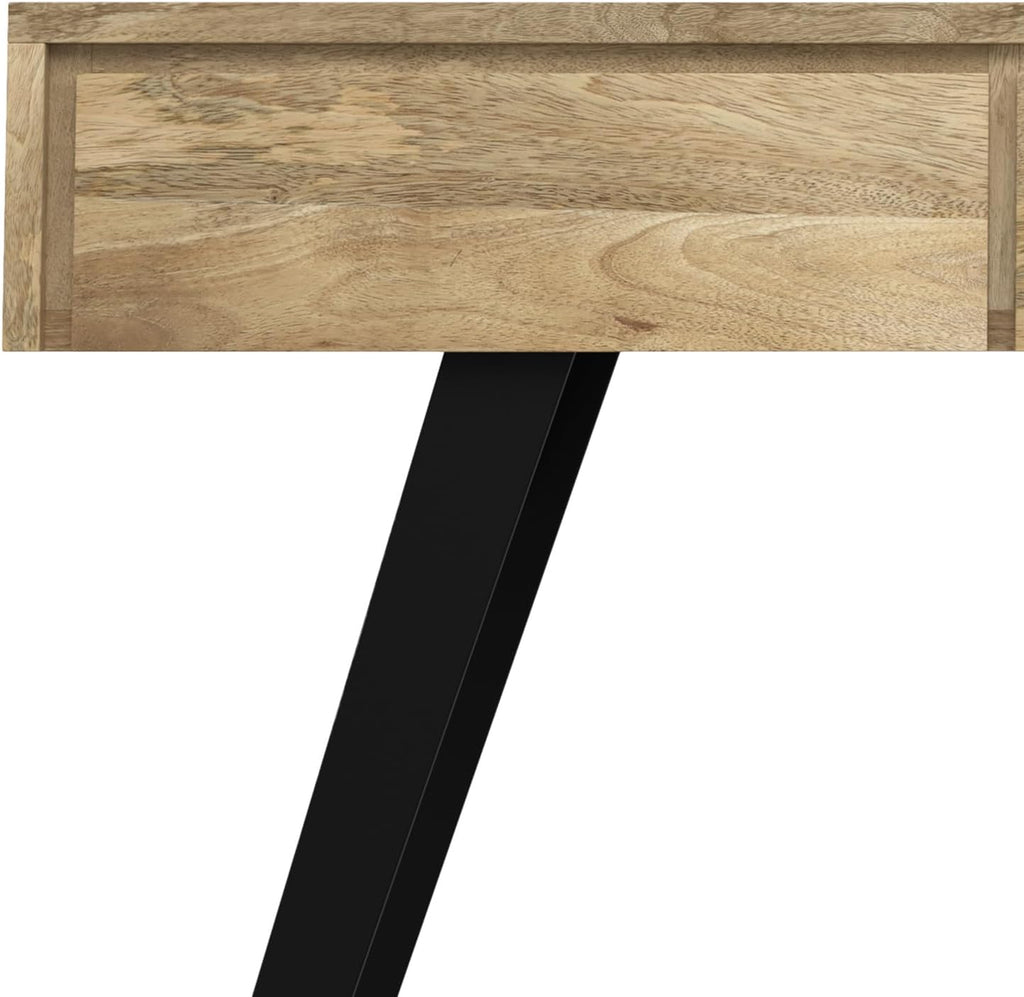SIMPLIHOME Lowry Console Table - 60 Inch Wide Solid Mango Wood and Metal Sofa Table in Natural, Modern Industrial Storage Table for Entryway or Living Room with 3 Drawers and Angled Metal Legs