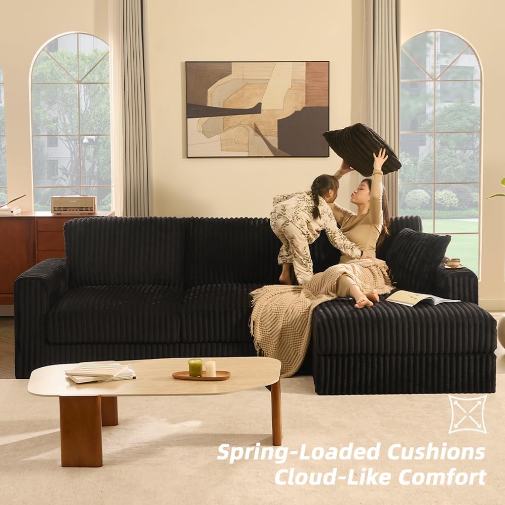 Cloud Couch 113' L-Shaped Couch (Not Boneless), 3-Seater Modular Sectional Couch, Queen Sofa with Corduroy Upholstery, Deep Seats, High Backrest & Pocket Spring Cushions, Right Facing Chaise, Black
