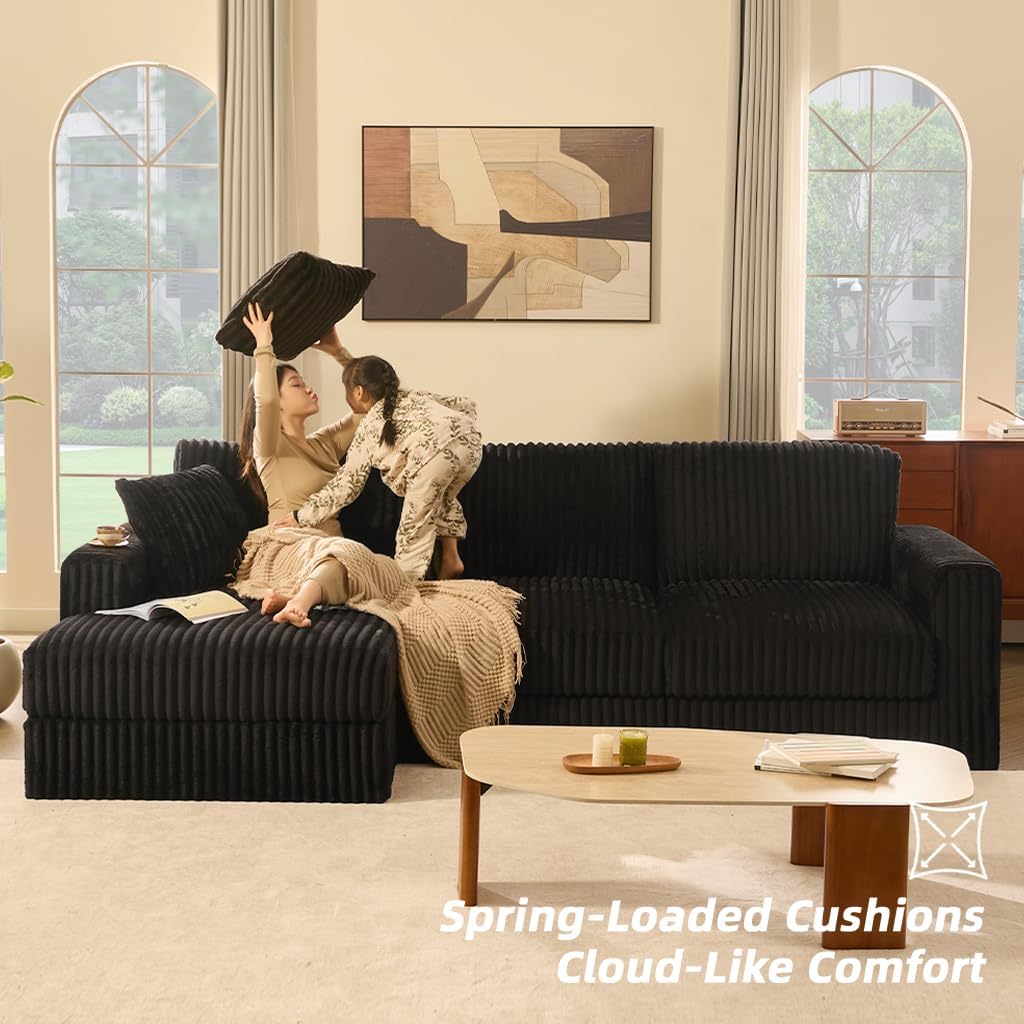 Cloud Couch 113' L-Shaped Couch (Not Boneless), 3-Seater Modular Sectional Couch, Queen Sofa with Corduroy Upholstery, Deep Seats, High Backrest & Pocket Spring Cushions, Left Facing Chaise, Black