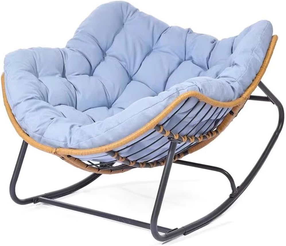 Etlegor Outdoor Patio Rocking Chair, Indoor Reading Chair with Cushion Rattan Wicker Lounge Chair for Living Room Front Porch Garden Balcony Lawn(Blue)