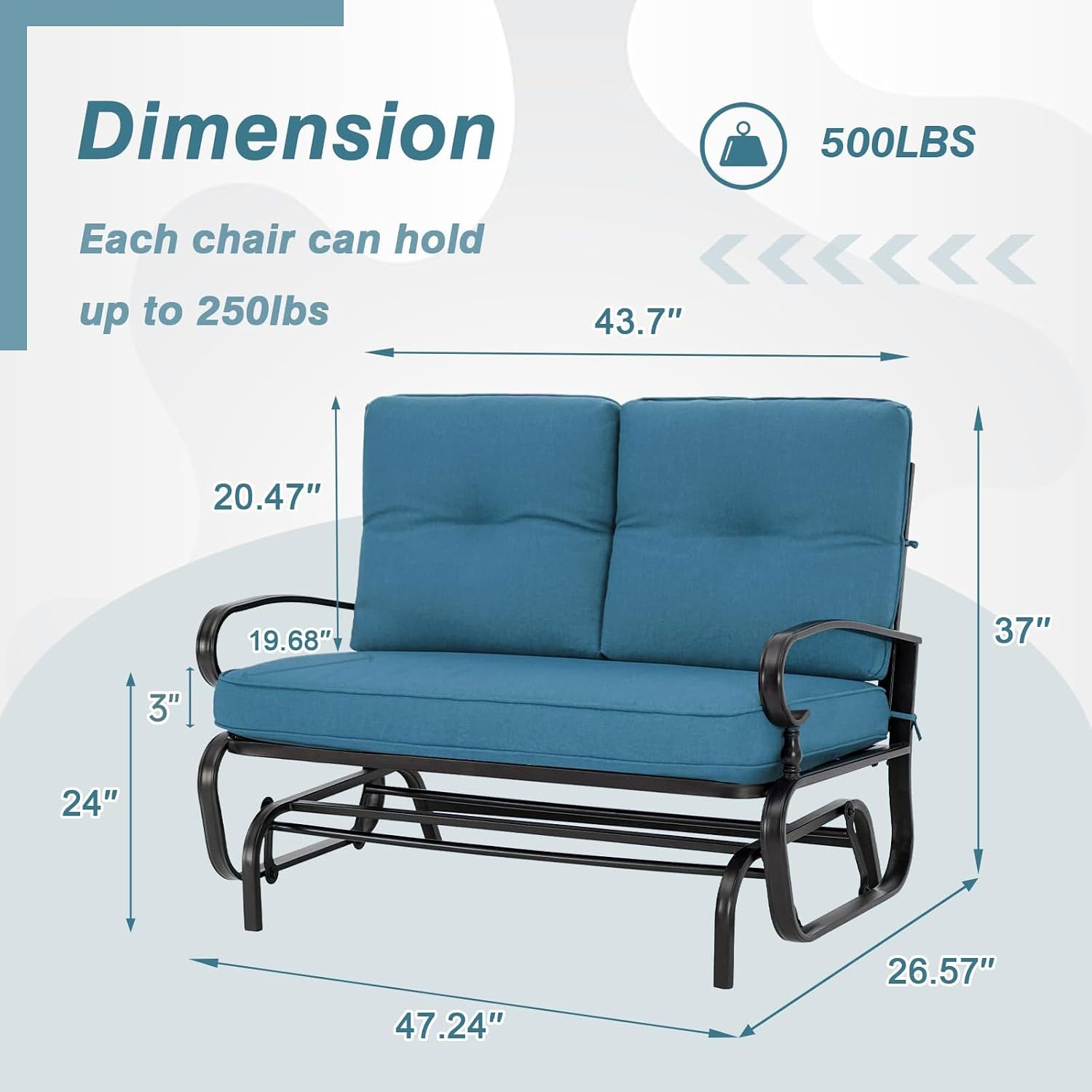 Outdoor Glider Rocking Bench 2 Person Patio Loveseat Steel Frame Furniture Set for Patio, Garden, Yard, Porch with Resistant Cushions (Peacock Blue)