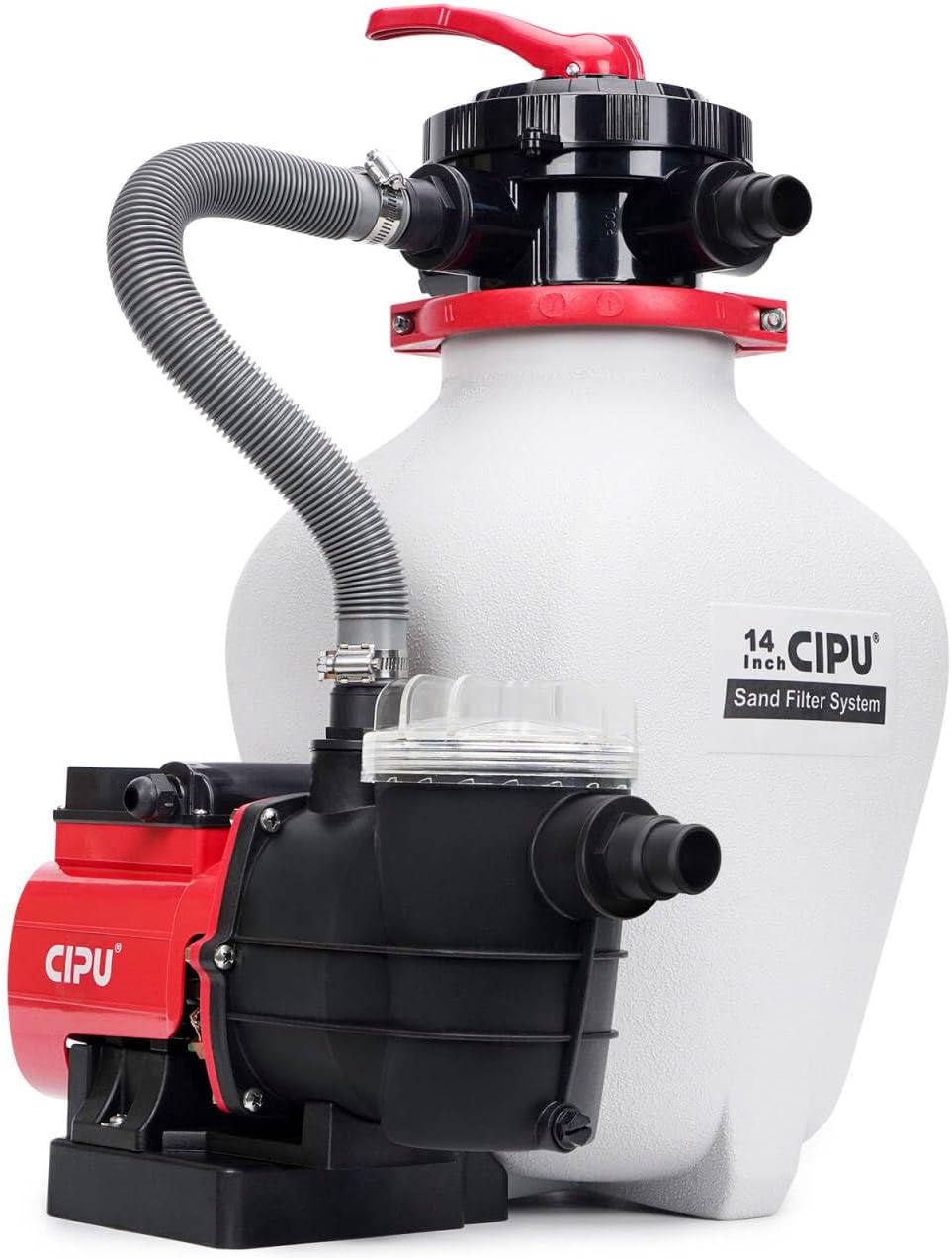 CIPU 14 Inch Sand Filter Pump System for Above Ground Pools, 3/4 HP Pool Pump and Sand Filter Combo, 6-Way Multi-Port Valve, Pool Filtration System