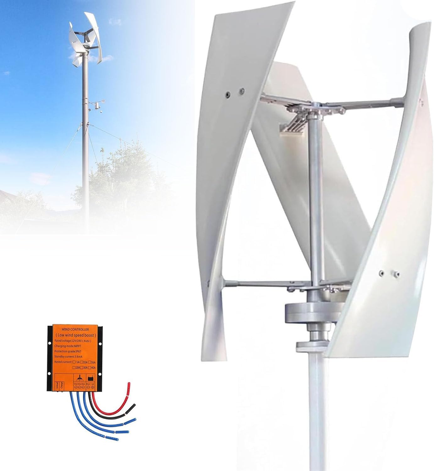 Vertical Wind Turbine Generator for Home 12V 24V 48V 220V with MPPT Low Noise, energy efficient wind power for Farm Garden for Marine,RV,Home,Windmill Generator 3000W-24V
