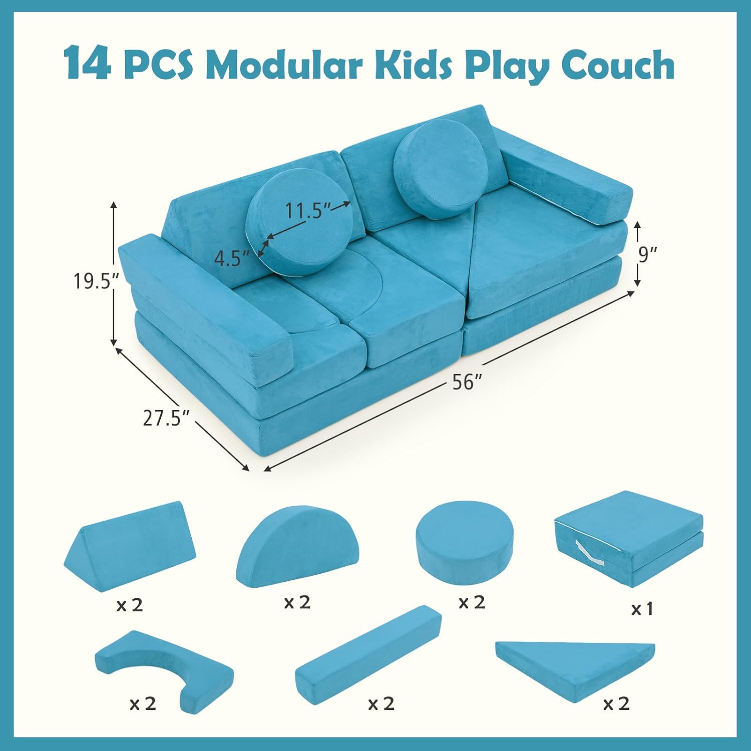 Costzon 14 PCS Modular Kids Play Couch, Child Sectional Sofa, Versatile Toddler Soft Building Blocks Sofa Playset for Playroom Bedroom, Convertible Foam and Floor Cushion for Boys Girls Gifts (Blue)