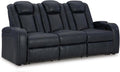 Signature Design by Ashley Fyne-Dyme Power Reclining Sofa with USB Ports and Adjustable Headrest, Drop Down Table, Faux Leather, 21' Seat Height, Blue