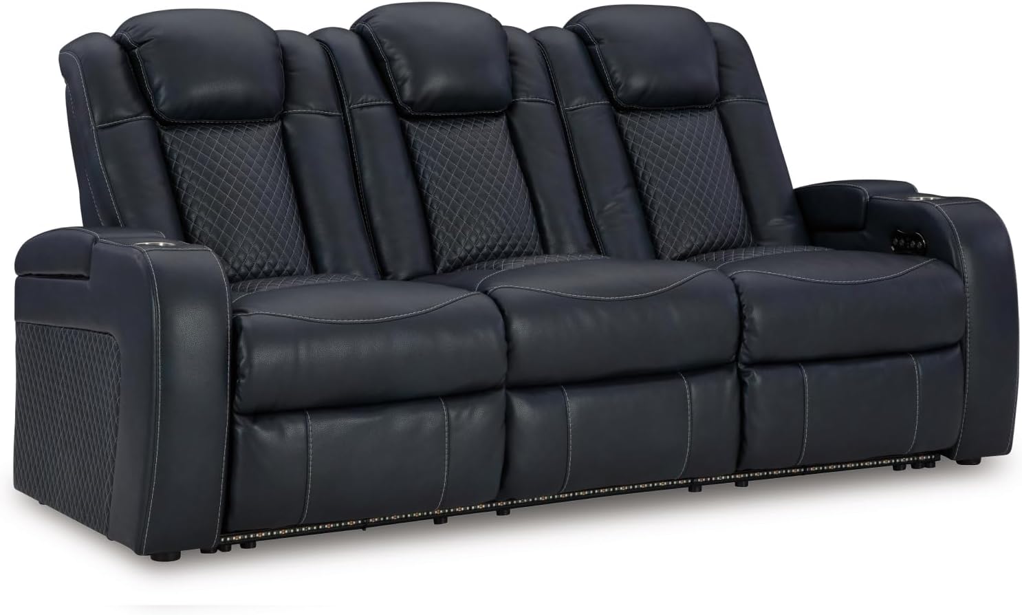 Signature Design by Ashley Fyne-Dyme Power Reclining Sofa with USB Ports and Adjustable Headrest, Drop Down Table, Faux Leather, 21' Seat Height, Blue