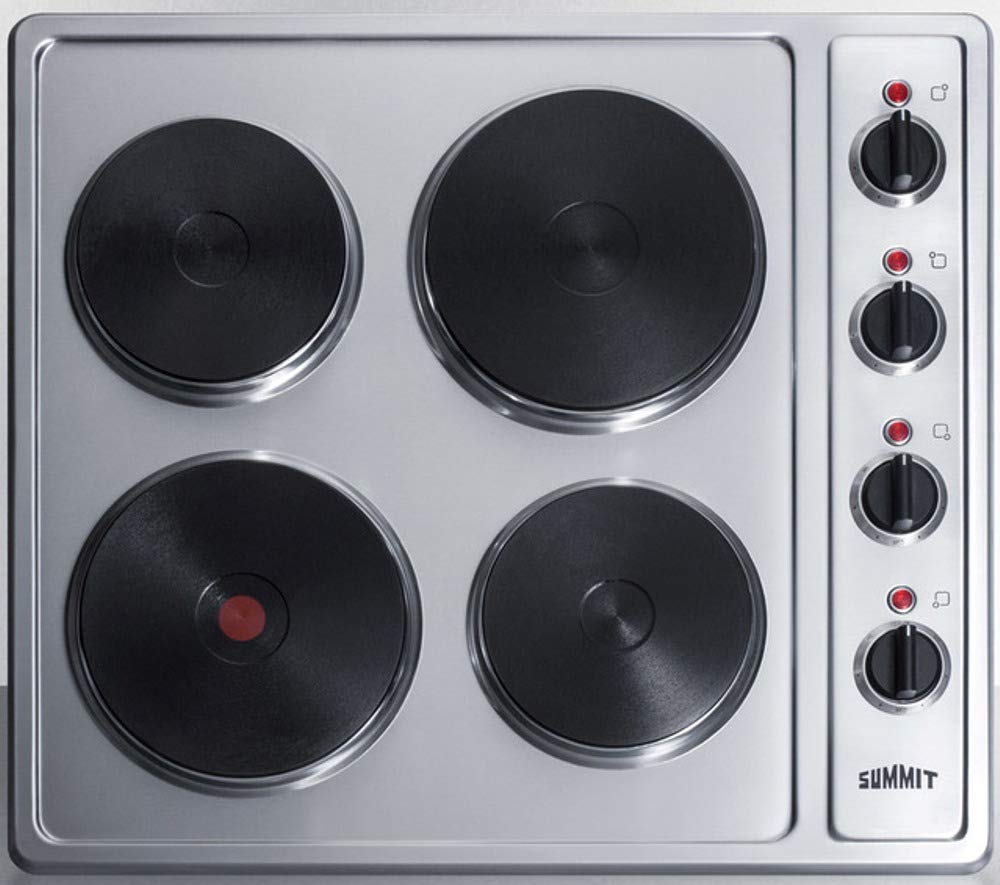 Summit 24' Electric Cooktop, 4 Burners, 230V Solid Disk Cooktop, Stainless Steel and Black- CSD4B24