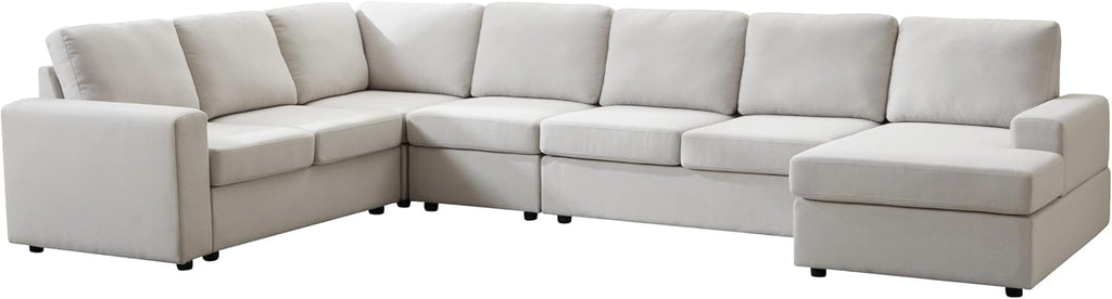 Ball & Cast 147' L-Shaped Sectional Couch for Living Room with Reversible Chaise & Removable Back Cushions,7 Seat Linen Upholstered Convertible Sectional Sofa Set,DIY Combination,for Home,Office,Beige