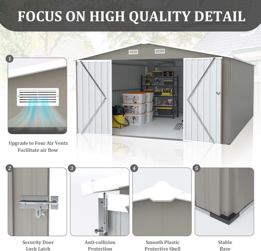 10x14FT Metal Garden Shed - Lockable Outdoor Storage Shed, Heavy-Duty Storage Sheds for Backyard Patio, Sheds & Outdoor Storage (Light Gray)