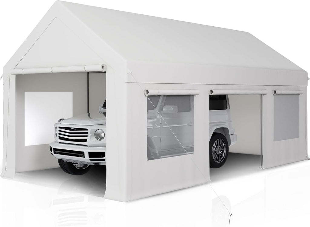 AirWire 12'x20' Heavy Duty Carport with All-Season Tarp, Portable Car Tent Garage with Roll-Up Windows & Side-Opening Door, Enclosed Car Port Canopy with Reinforced Base for Truck, Boat, White