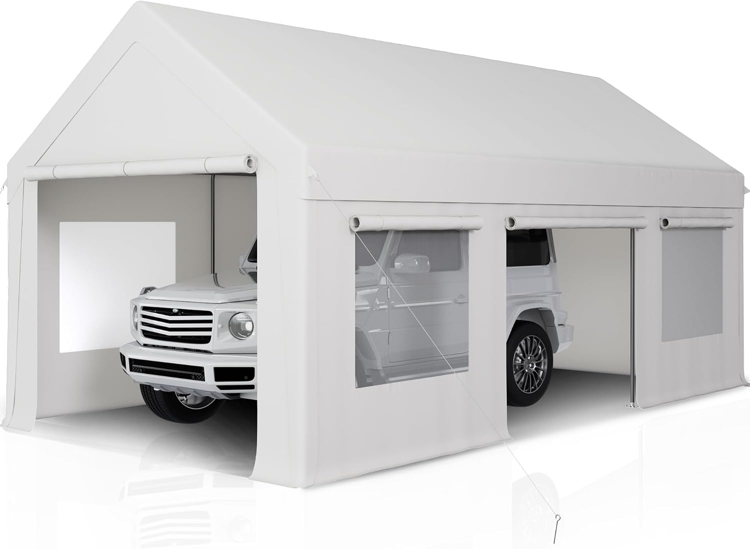 AirWire 12'x20' Heavy Duty Carport with All-Season Tarp, Portable Car Tent Garage with Roll-Up Windows & Side-Opening Door, Enclosed Car Port Canopy with Reinforced Base for Truck, Boat, White