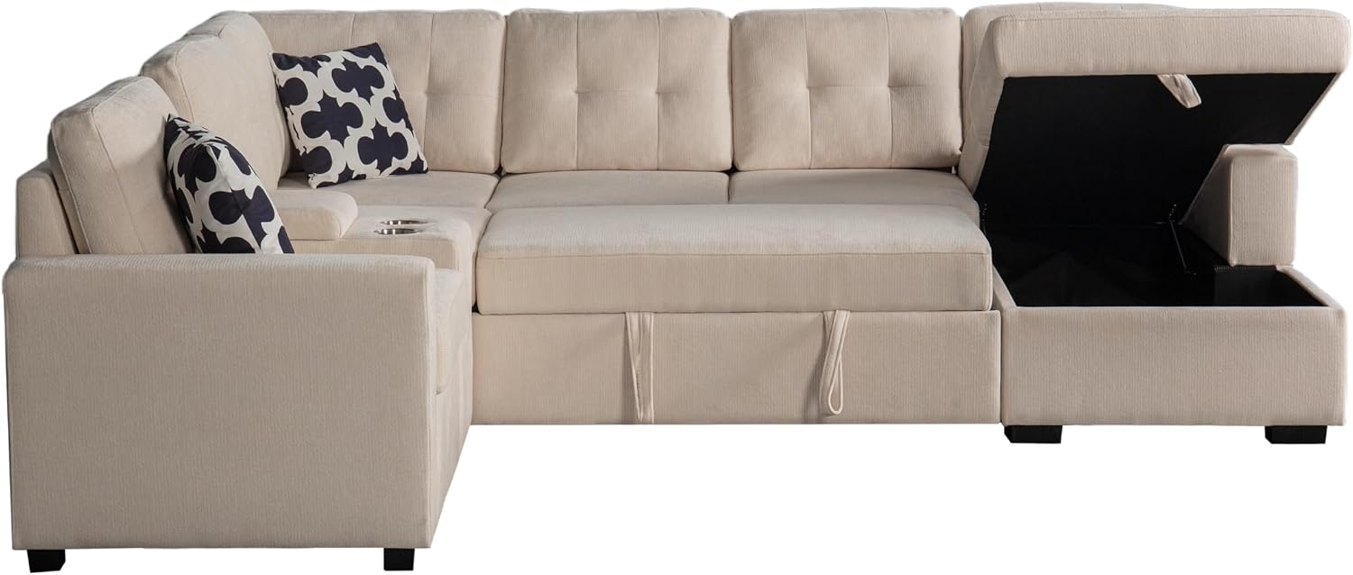 Ball & Cast L-Shape Convertible Sectional Sleeper Sofa Bed 2 in 1 Pull Out Couch with Storage Chaise & Cup Holders,6 Seat Chenille Upholstered Reversible Sleeper Corner Couch for Living Room,Beige