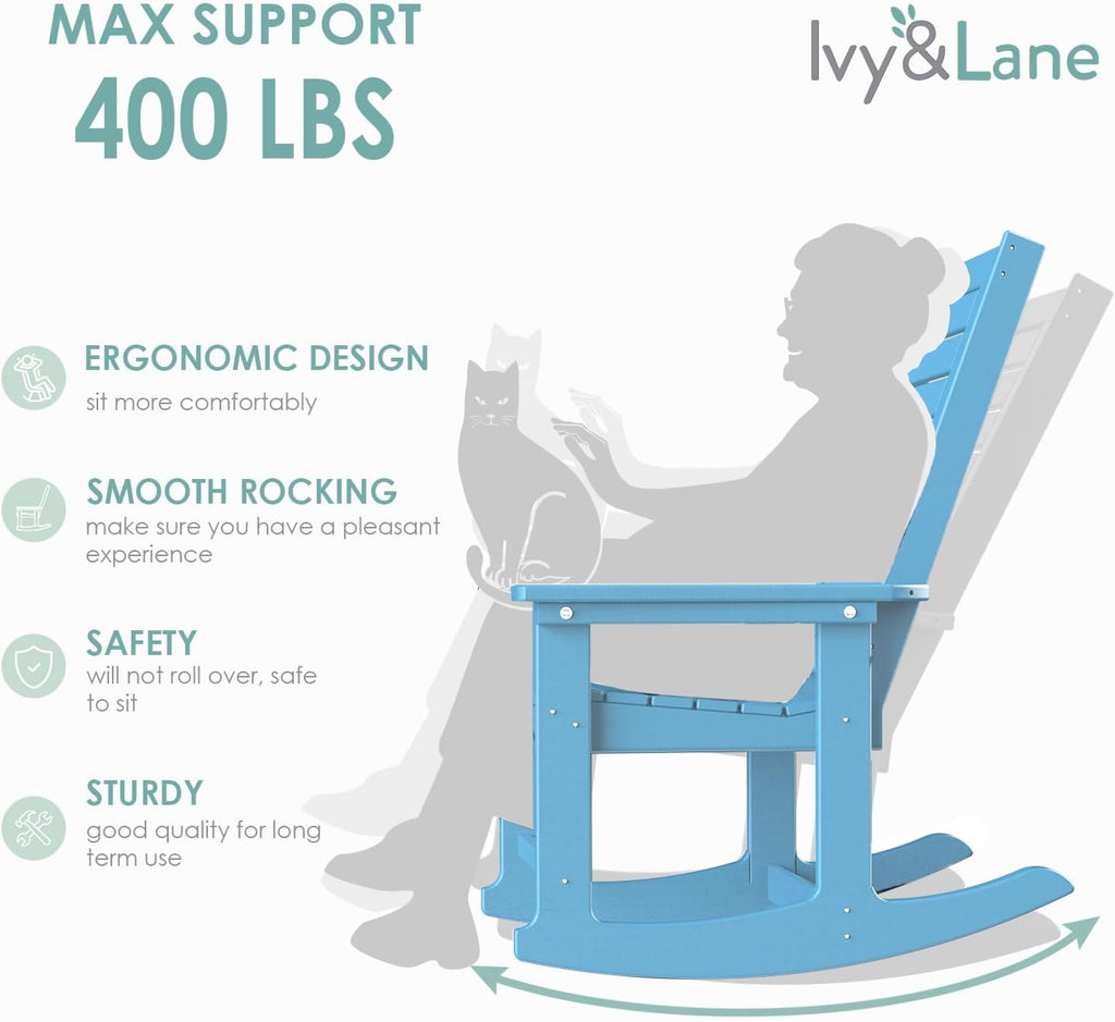 IVY&LANE Outdoor Rocking Chairs Set of 2 | Porch-Rockers | Arctic | HDPE Plastic | All-Weather | High Back | Wide Seat | Oversized Patio Rocker for Adult | for Outside Deck Balcony Garden