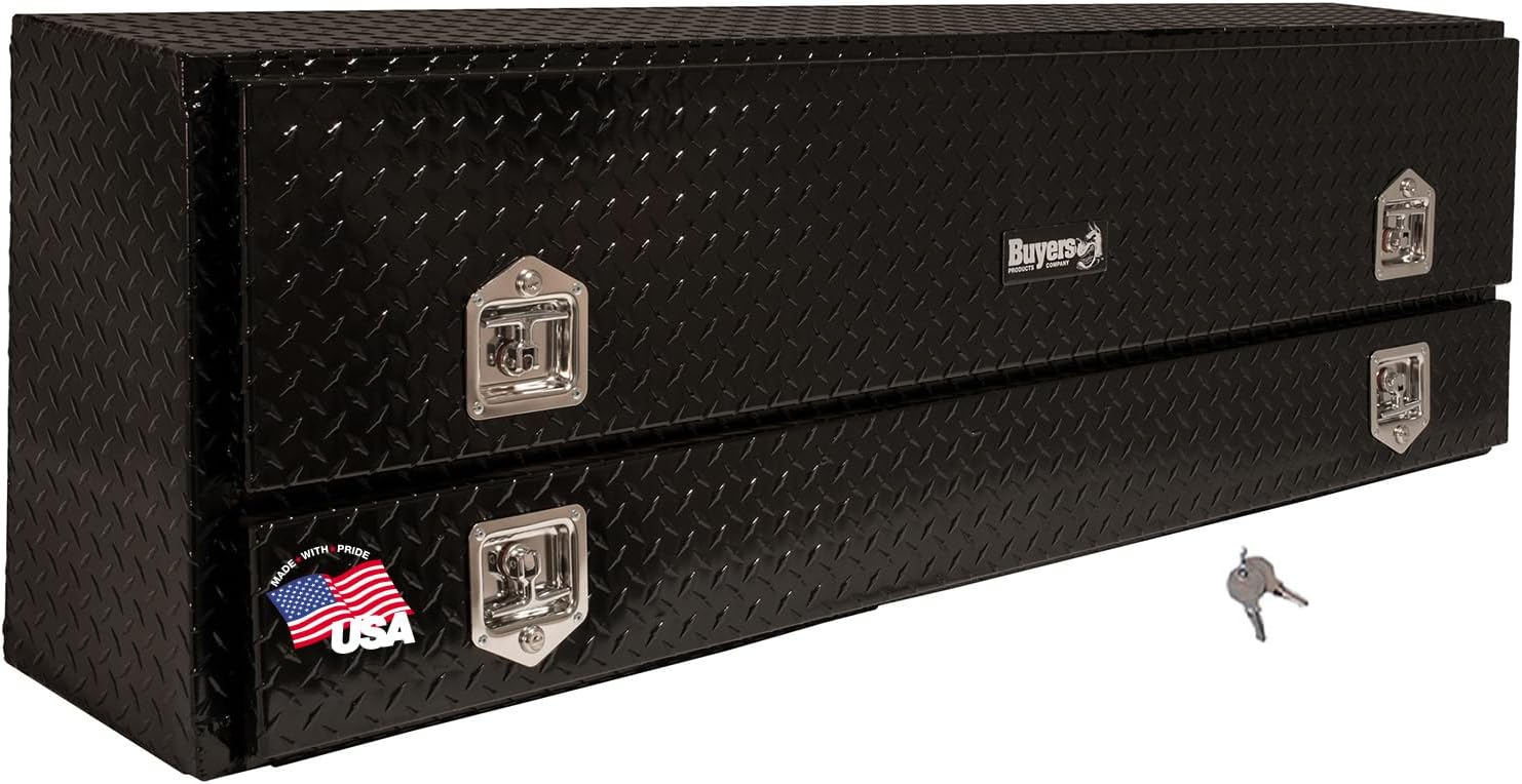 Buyers Products 1725640 Black Diamond Tread Aluminum Contractor Truck Tool Box, 2 Tier Storage, 72 x 21 x 13.2 in, Flip-Up Door with Gas Shocks, Weather Resistant, No Drill Install, Made in USA