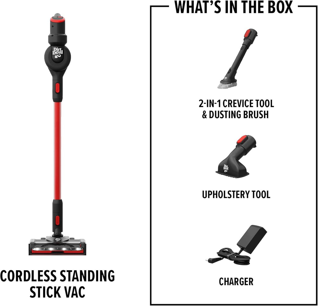 Dirt Devil Self-Standing Cordless Stick Vacuum Cleaner with Included Tools, for Carpet and Hard Floors, Lightweight Design, Powerful Suction, LED Headlights, BD57000V, Black