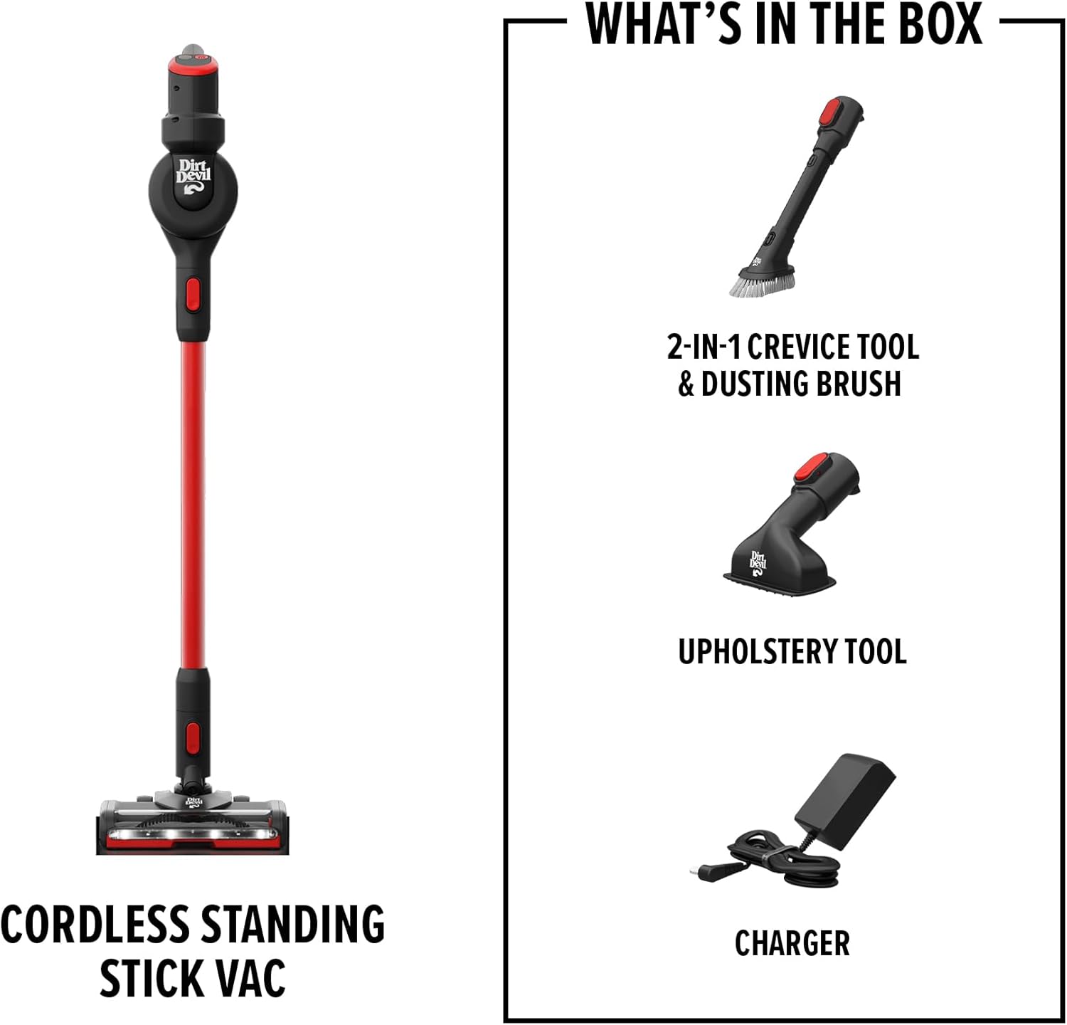 Dirt Devil Self-Standing Cordless Stick Vacuum Cleaner with Included Tools, for Carpet and Hard Floors, Lightweight Design, Powerful Suction, LED Headlights, BD57000V, Black