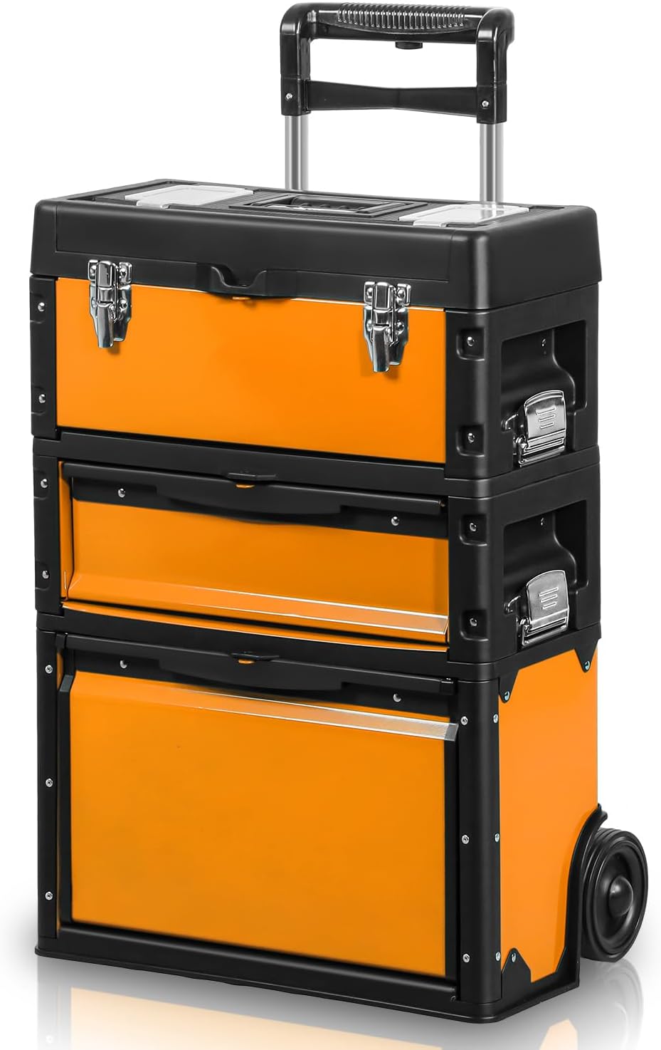 Auto Dynasty Stackable Tool Box 3-Tier Tool Separate Organizer Rolling Tool Chest with Wheels 3-in-1 Upright Trolley for Garage or Workshop, Orange