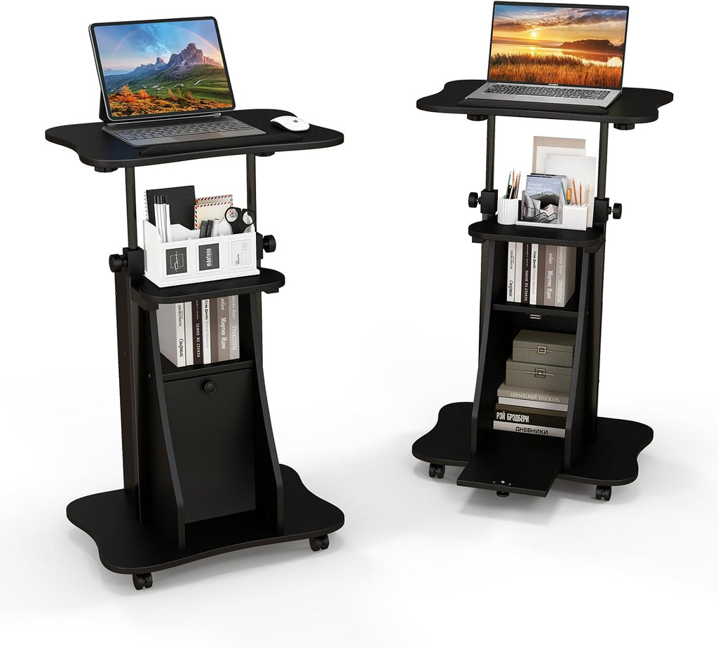 Giantex Mobile Podium Stand, Sit-to-Stand Laptop Cart with Tilting Tabletop & Storage Cabinet, Lockable Casters, Height-Adjustable Rolling Lectern for Classroom, Church, Home Office (Black, 2 Pack)