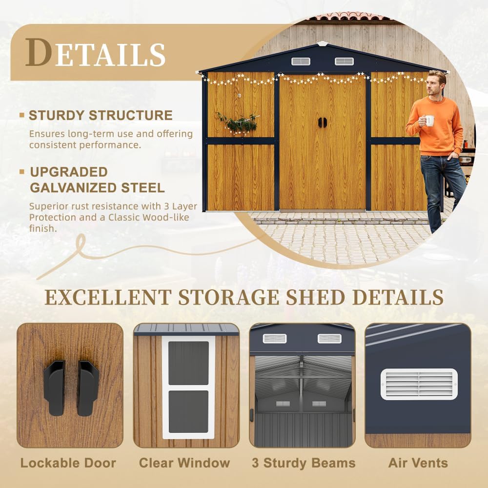 10x12FT Metal Storage Shed - Yellow Outdoor Shed with Lockable Doors & Windows, Extra Large Garden Shed for Backyard/Patio, Sheds & Outdoor Storage Ideal for Tools/Chicken Coops