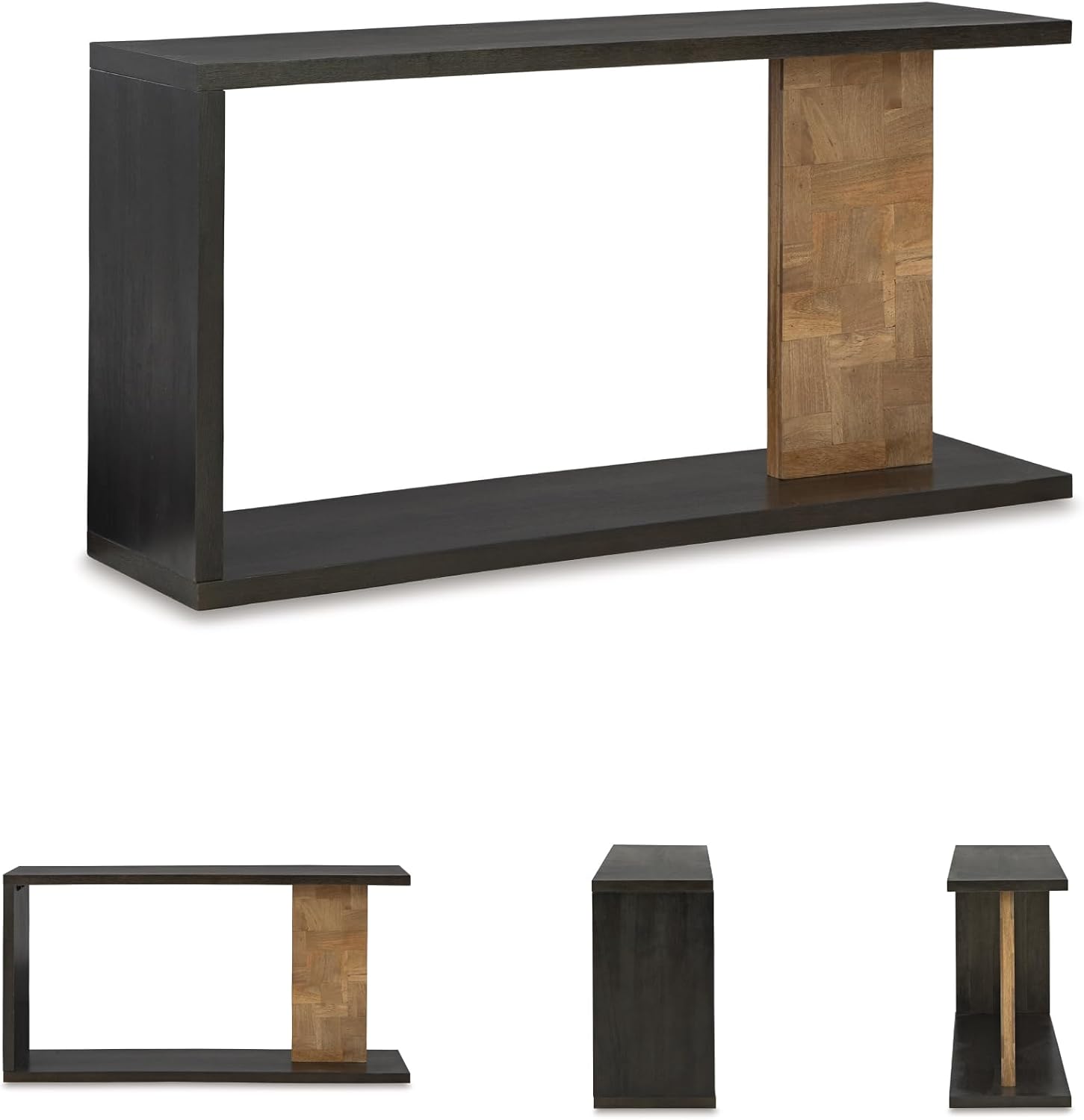 Signature Design by Ashley Camlett Contemporary Console Sofa Table with Shelf and Patchwork Patterned Support Post, Dark Brown & Light Brown