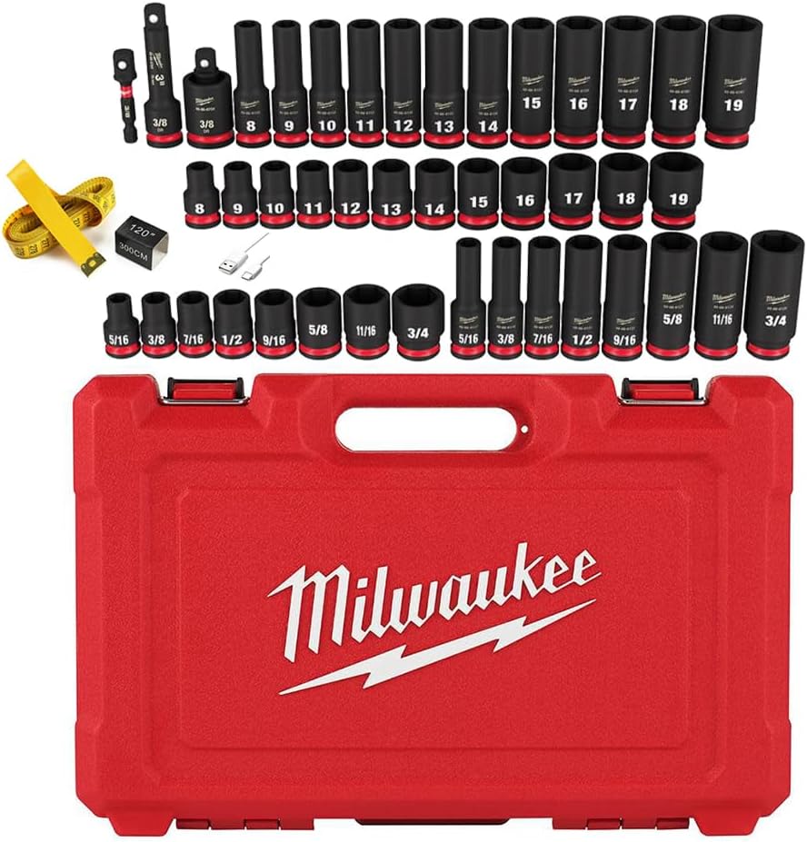 Milwaukee 43PC Shockwave Impact Duty 3/8' Drive SAE & Metric Deep 6 Point Socket Set with Accessories