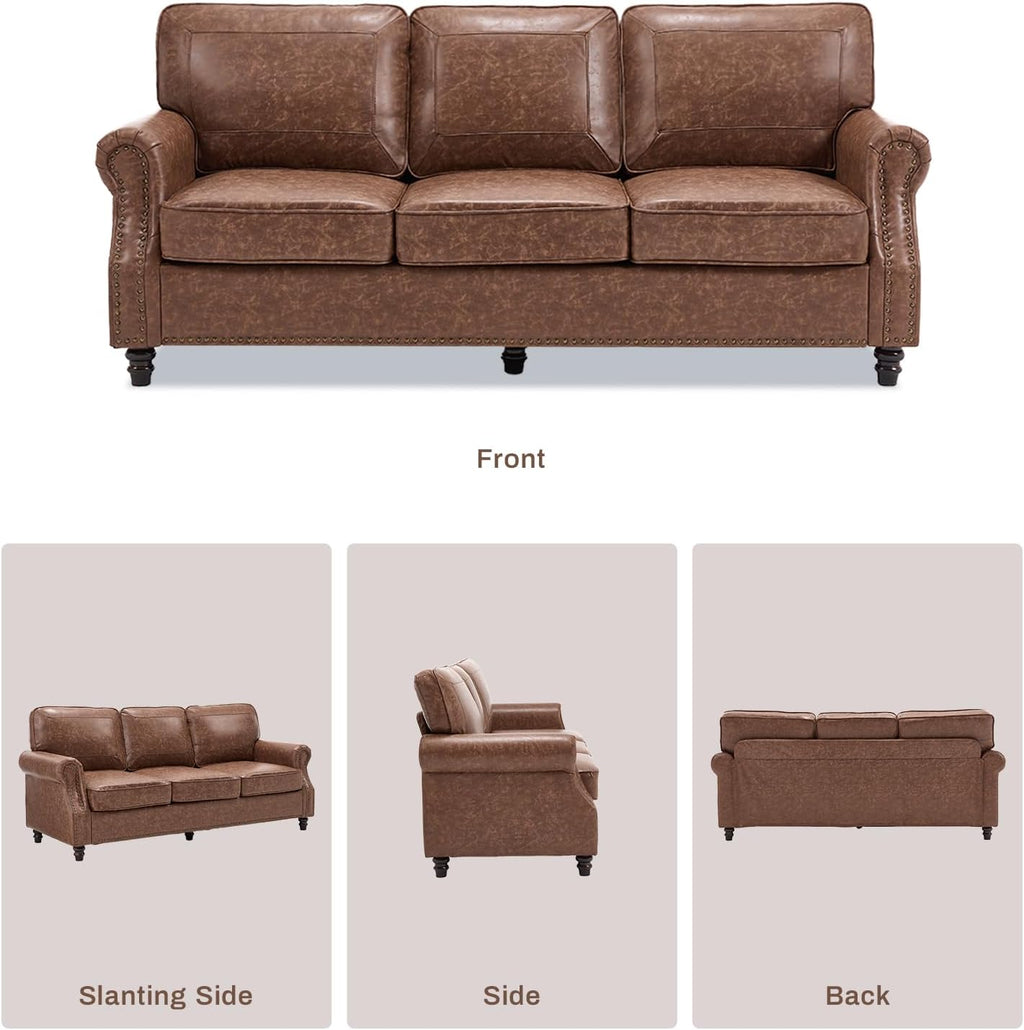 Kingfun Mid-Century Modern Couch, Faux Leather Sofa, 3 Seater Couch for Living Room with Rolled arms & Nailhead Trim, Dark Brown