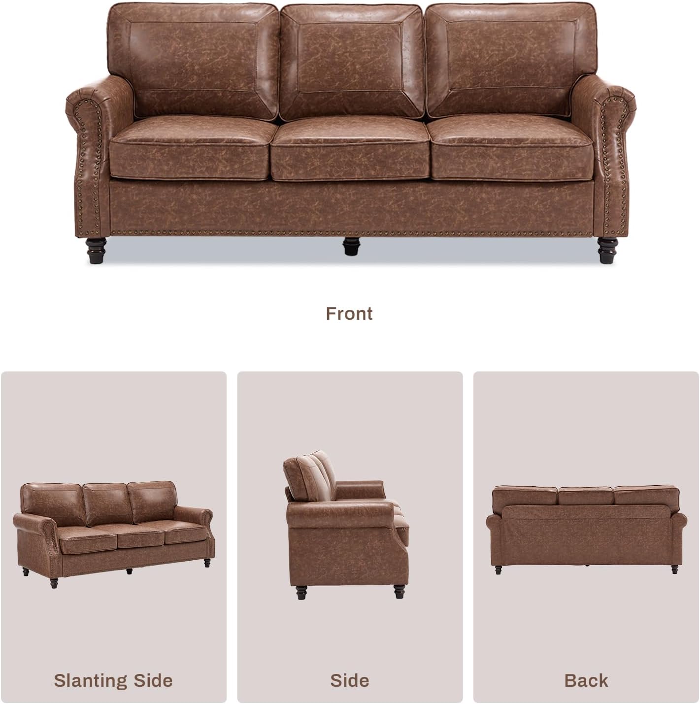 Kingfun Mid-Century Modern Couch, Faux Leather Sofa, 3 Seater Couch for Living Room with Rolled arms & Nailhead Trim, Dark Brown