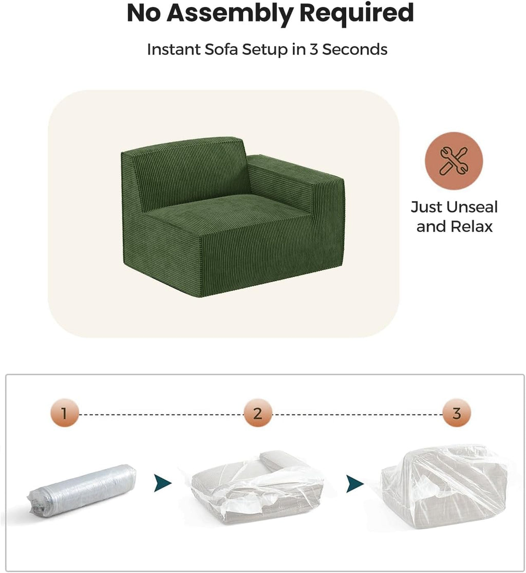 Amada 110' Cloud Sectional Couch with L-Shape Chaise&Movable Ottoman,Modern Modular Sofa with Deep Seat, Boneless Sofa,Couches for Living Room Bedroom,No Assembly Required, Green(Corduroy Fabric)