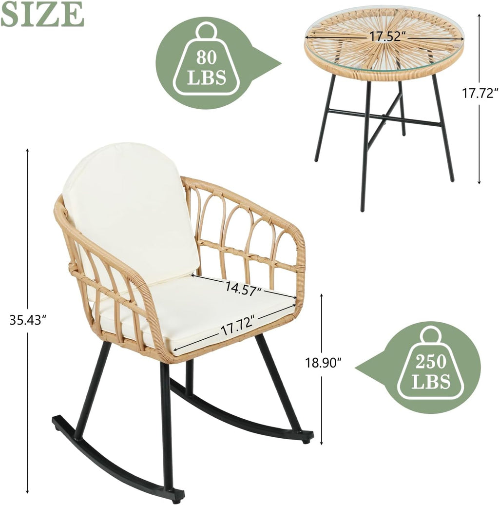 Vikiullf 3 Pieces Rocking Chairs Set - Outdoor Wicker Rattan Rocking Chairs with Thickened Cushions, Boho Patio Furniture, Patio Conversation Bistro Sets, for Balcony Garden Porch Living Room