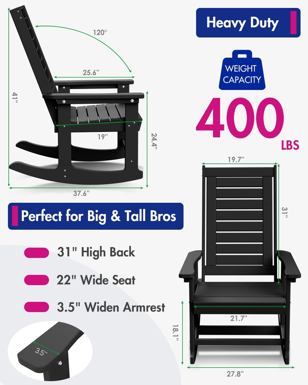 BRIOPAWS Outdoor Rocking Chairs | Set of 2 | Porch Rockers | HDPE Plastic| Black | Oversized | Patio Rocker Chair | High Back | for Big Man | Weather Resistant | for Outside Deck Balcony Backyard