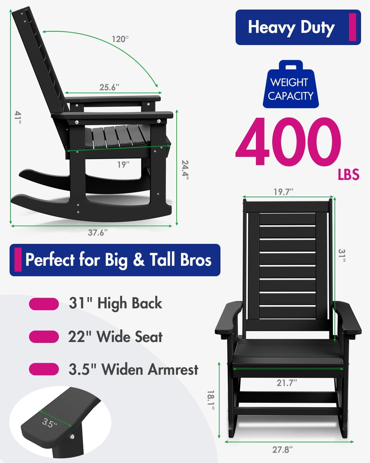 BRIOPAWS Outdoor Rocking Chairs | Set of 2 | Porch Rockers | HDPE Plastic| Black | Oversized | Patio Rocker Chair | High Back | for Big Man | Weather Resistant | for Outside Deck Balcony Backyard