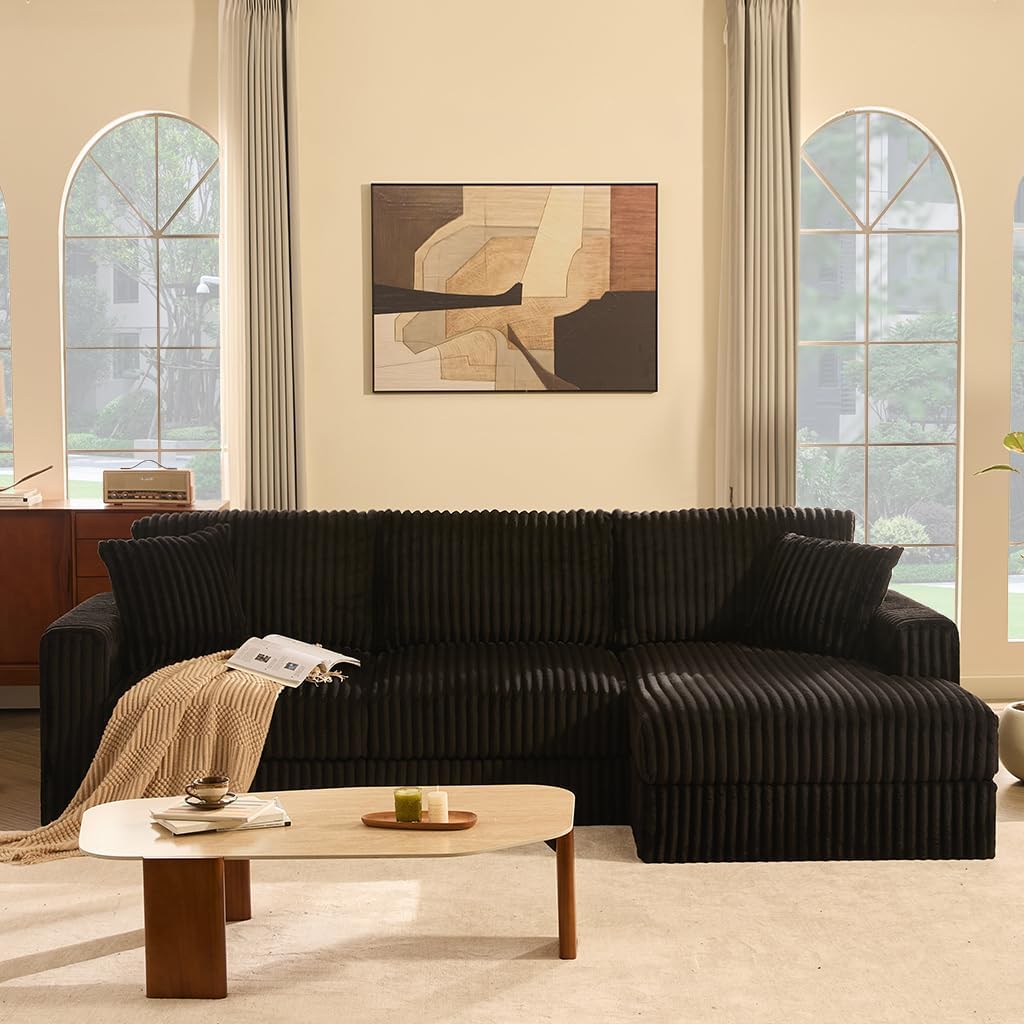 Cloud Couch 113' L-Shaped Couch (Not Boneless), 3-Seater Modular Sectional Couch, Queen Sofa with Corduroy Upholstery, Deep Seats, High Backrest & Pocket Spring Cushions, Right Facing Chaise, Black