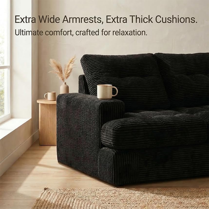 85' Corduroy 3 Seater Sofa in a Box, High-Density Foam Couch, No Assembly Compressed Deep Seat Sofa for Living Room, Bedroom, Apartment, Black | No Assembly Required, Soft Corduroy, HD Foam Comfort, Deep Seat Comfort, Sofa in a Box Setup