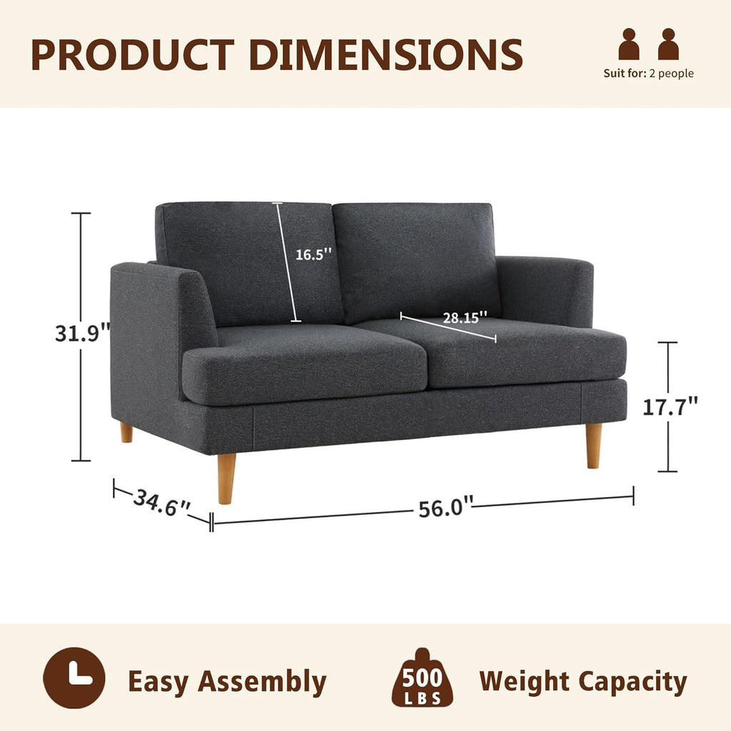 Busaurus Loveseat Sofa 56' Mid Century Modern Small Couches for Small Spaces Love Seat with 2-Seat Upholstered Cushion Sofa Couches for Bedroom, Living Room, Apartment (Dark Grey)