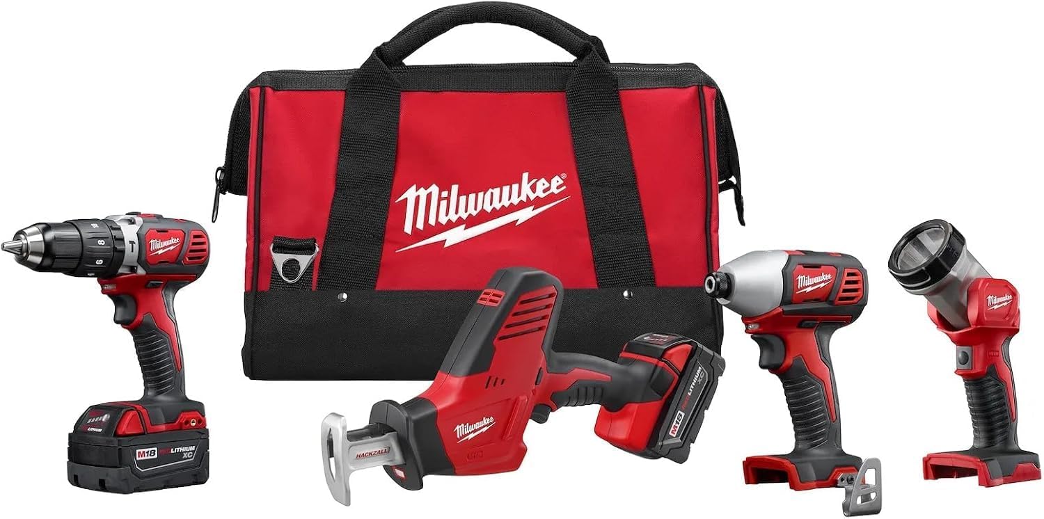 New Milwaukee 2695-24 M18 18 Volt 4 Tool Cordless Tool Set Drills & Saw Light