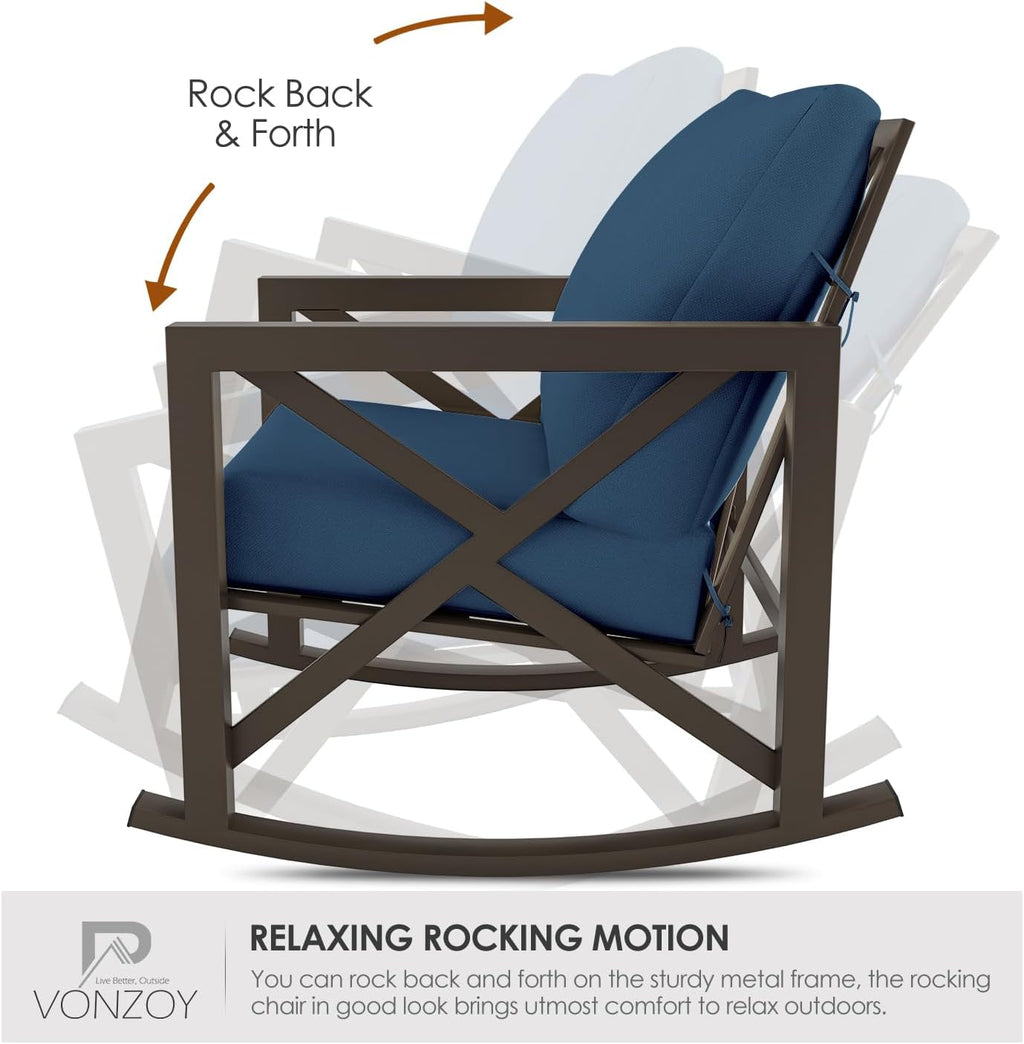 Outdoor Rocking Bistro Set, Patio Rocking Chairs Set of 2 with Coffee Table, 3 Pieces Metal Conversation Sets with 6.5' Thick Cushions for Backyard, Porch, Poolside, Oversized (Blue)