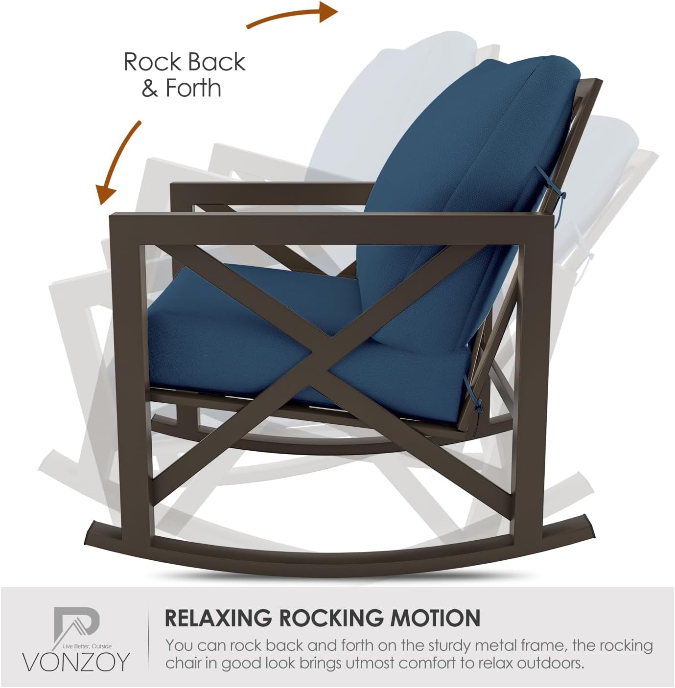 Outdoor Rocking Bistro Set, Patio Rocking Chairs Set of 2 with Coffee Table, 3 Pieces Metal Conversation Sets with 6.5' Thick Cushions for Backyard, Porch, Poolside, Oversized (Blue)