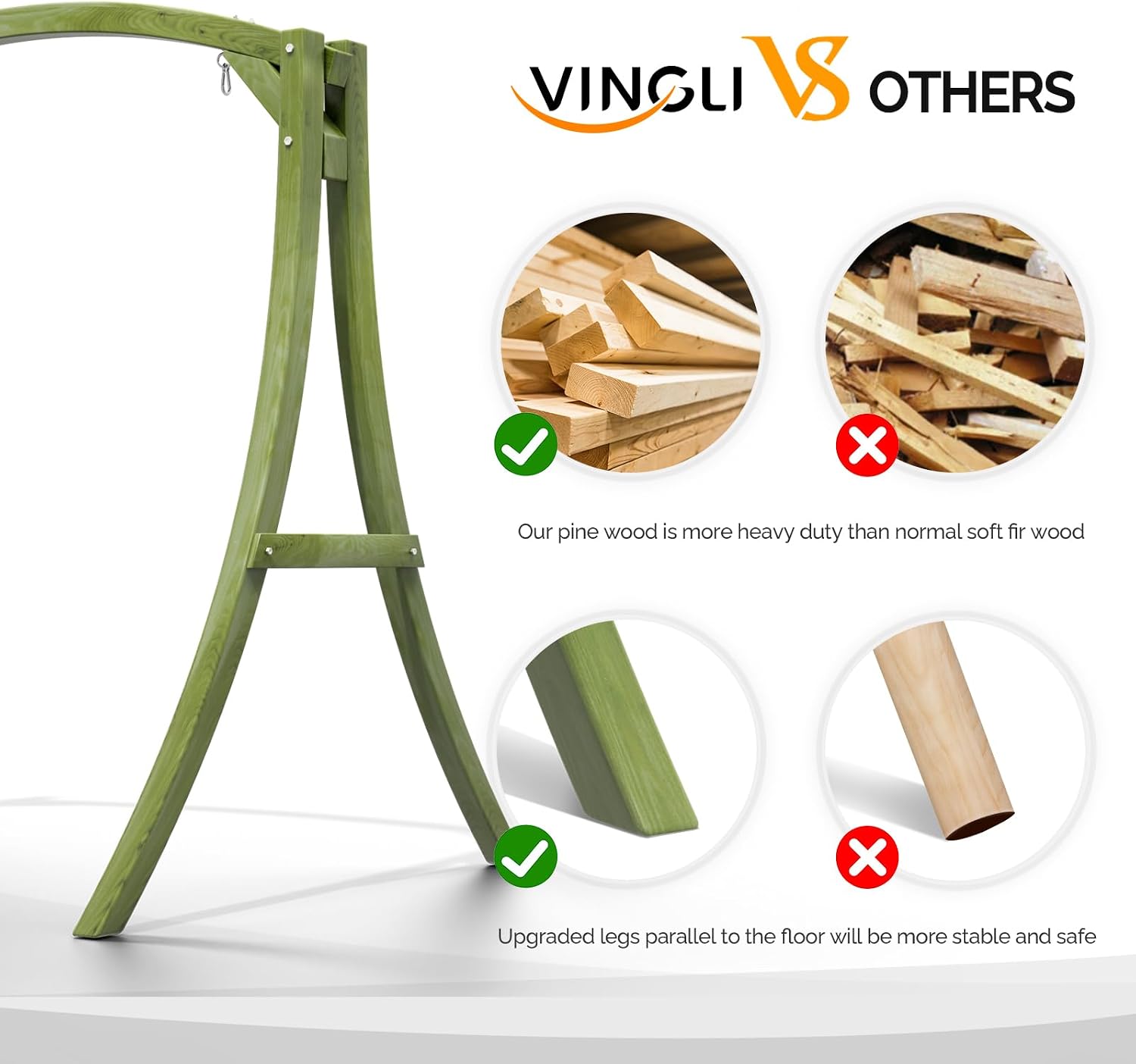 VINGLI 6.7FT Porch Swing Frame, 1000LBS Heavy Duty A-Frame Wooden Porch Swing Stand with Curved Arc Top for 5FT Porch Swing, Large Swing Hanger for Garden, Patio, Backyard & Indoor, Green