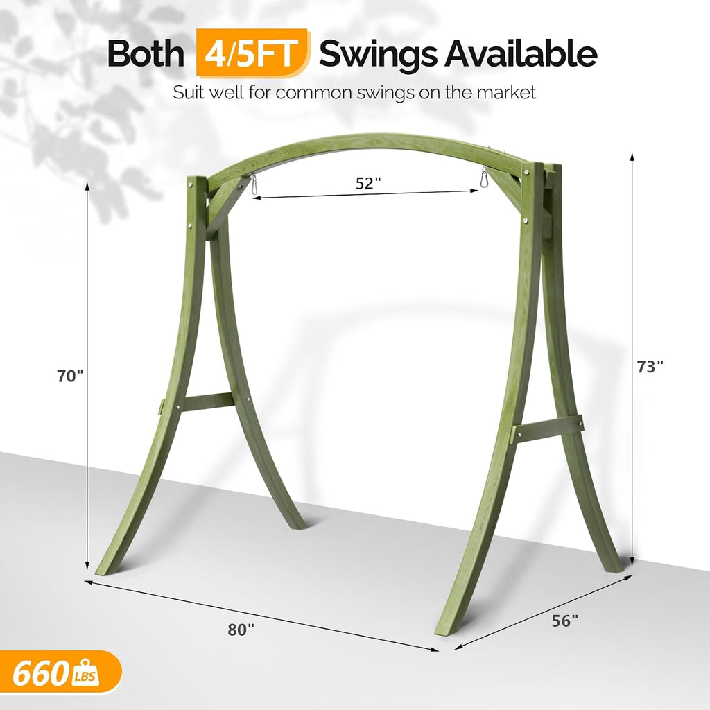 VINGLI 6.7FT Porch Swing Frame, 1000LBS Heavy Duty A-Frame Wooden Porch Swing Stand with Curved Arc Top for 5FT Porch Swing, Large Swing Hanger for Garden, Patio, Backyard & Indoor, Green