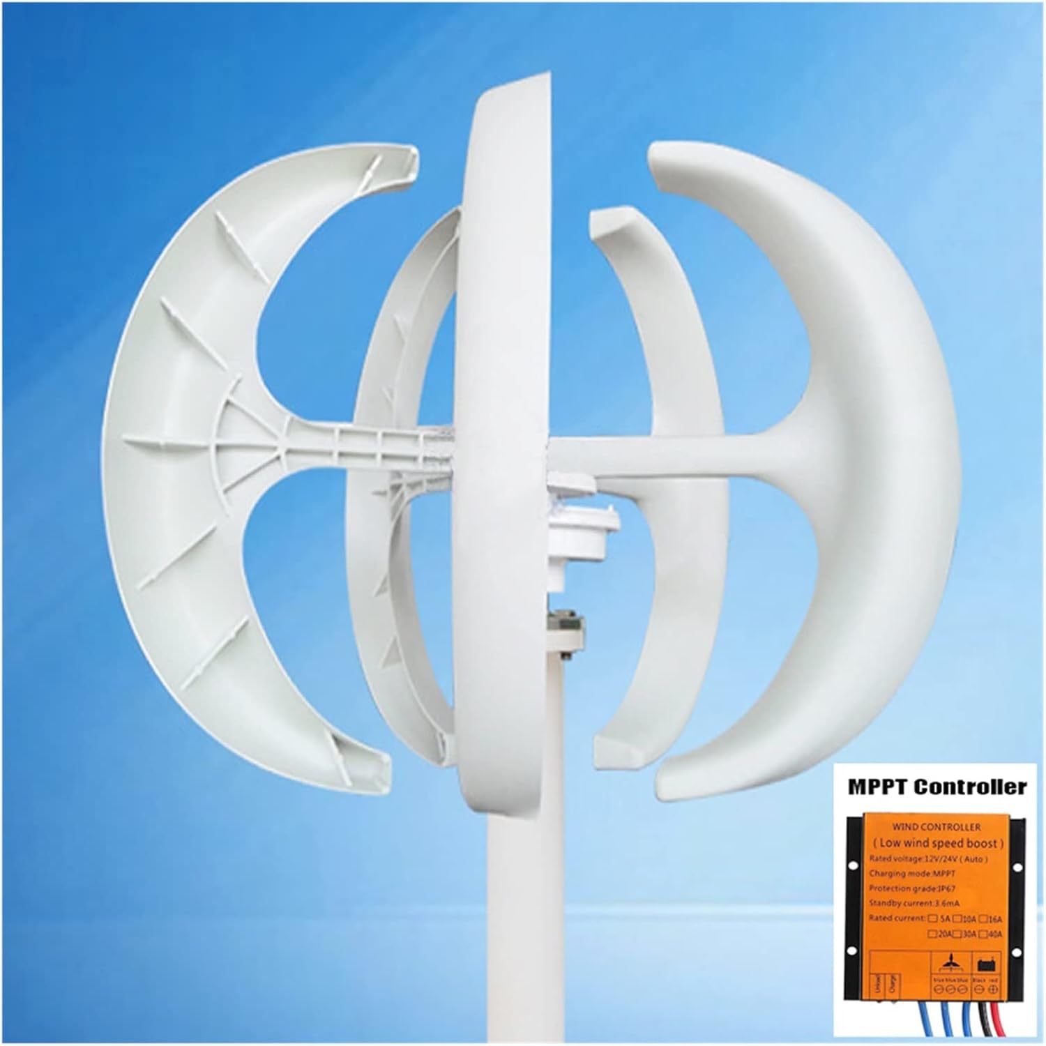 Wind Turbine Generator, 3000W Small Vertical Axis Wind Turbine Generator 3KW 12V 24V 48V with MPPT Low Noise Windmill for Home Farm Wind System for Boats, Gazebos, Chalets, or Mobile Homes(White with
