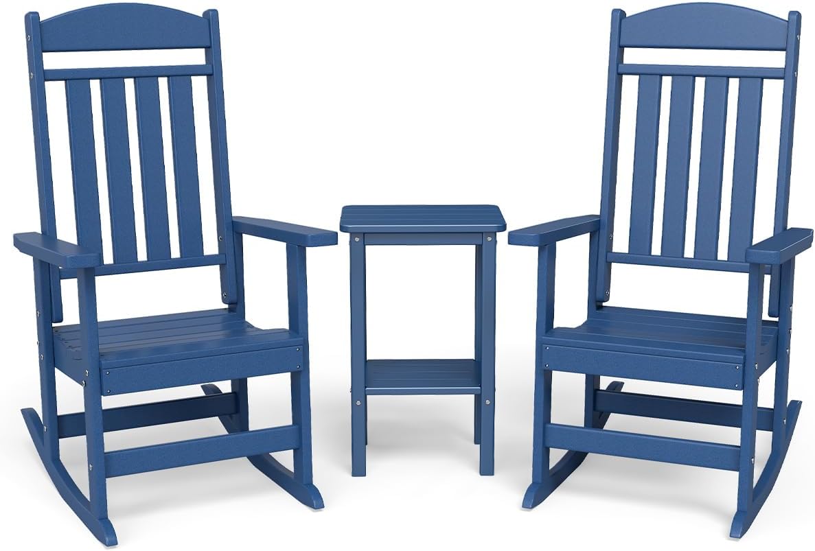 NAVINE 3-Piece Outdoor Rocking Chair Set, Oversized Porch Rocking Chair Set of 2 with Side Table, HDPE High Back Patio Rocking Chair, Suitable for Patio, Porch, Backyard, Navy Blue