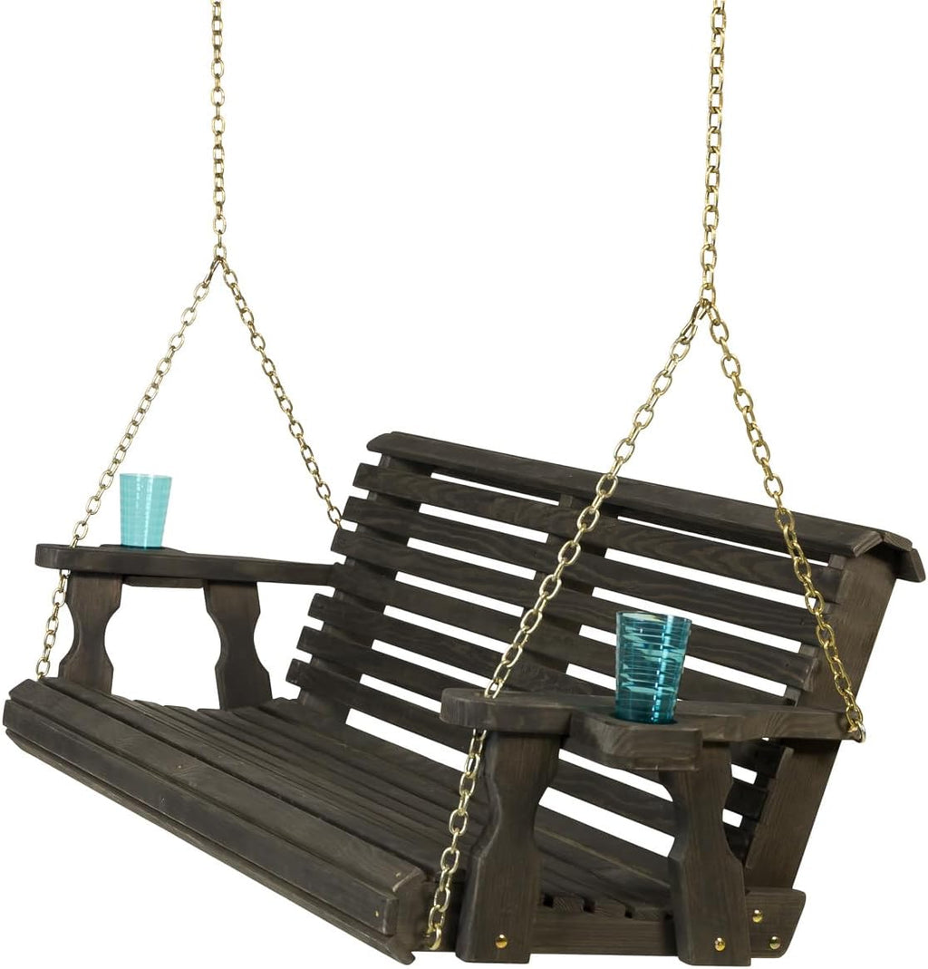 Amish Casual Heavy Duty 700 Lb Capacity Porch Swing with Cup Holders (5 Foot, Semi-Solid Black Stain) – Wooden Outdoor Roll Back Swing with Hanging Chains – Amish Made in the USA