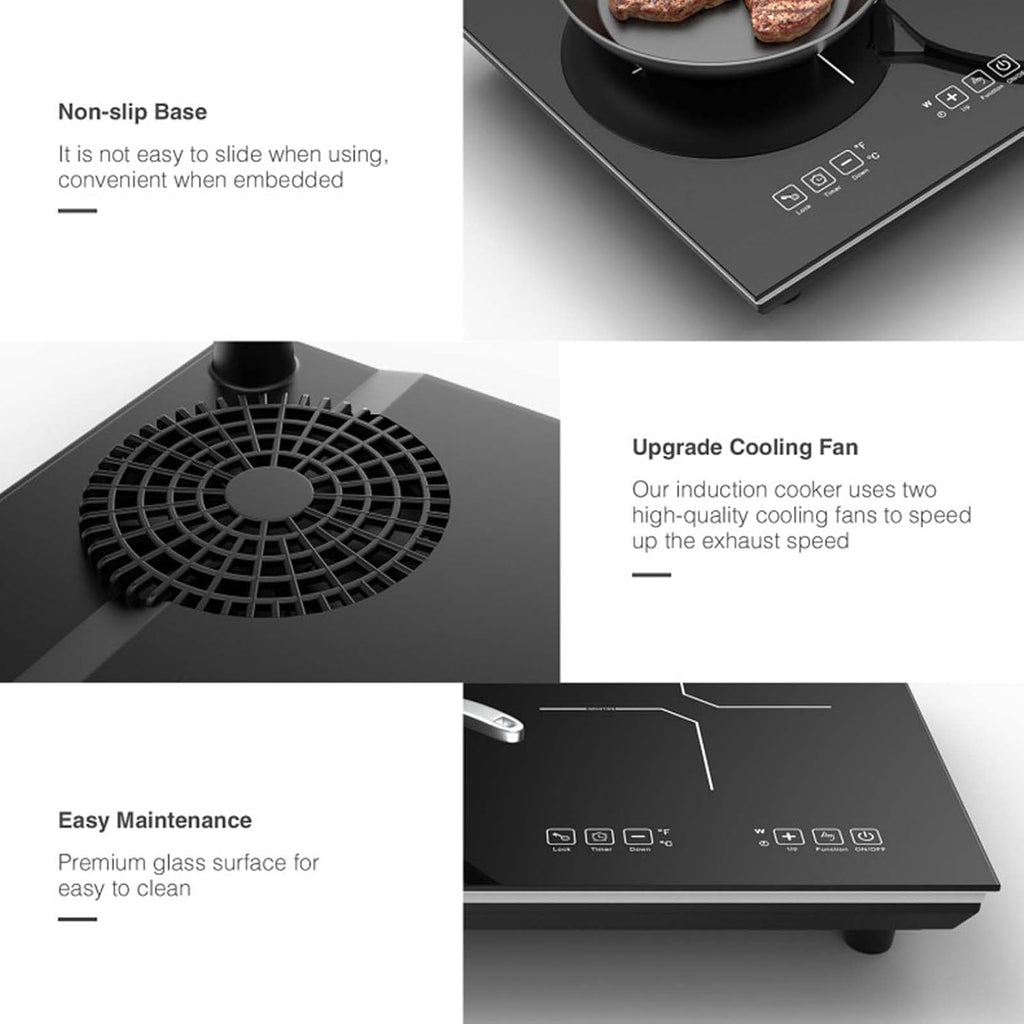 Portable Induction Cooktop with 2 Burners, 400W-2000W Power Settings, Touch Controls, Child Safety Lock and Timer, for Kitchen/Dining