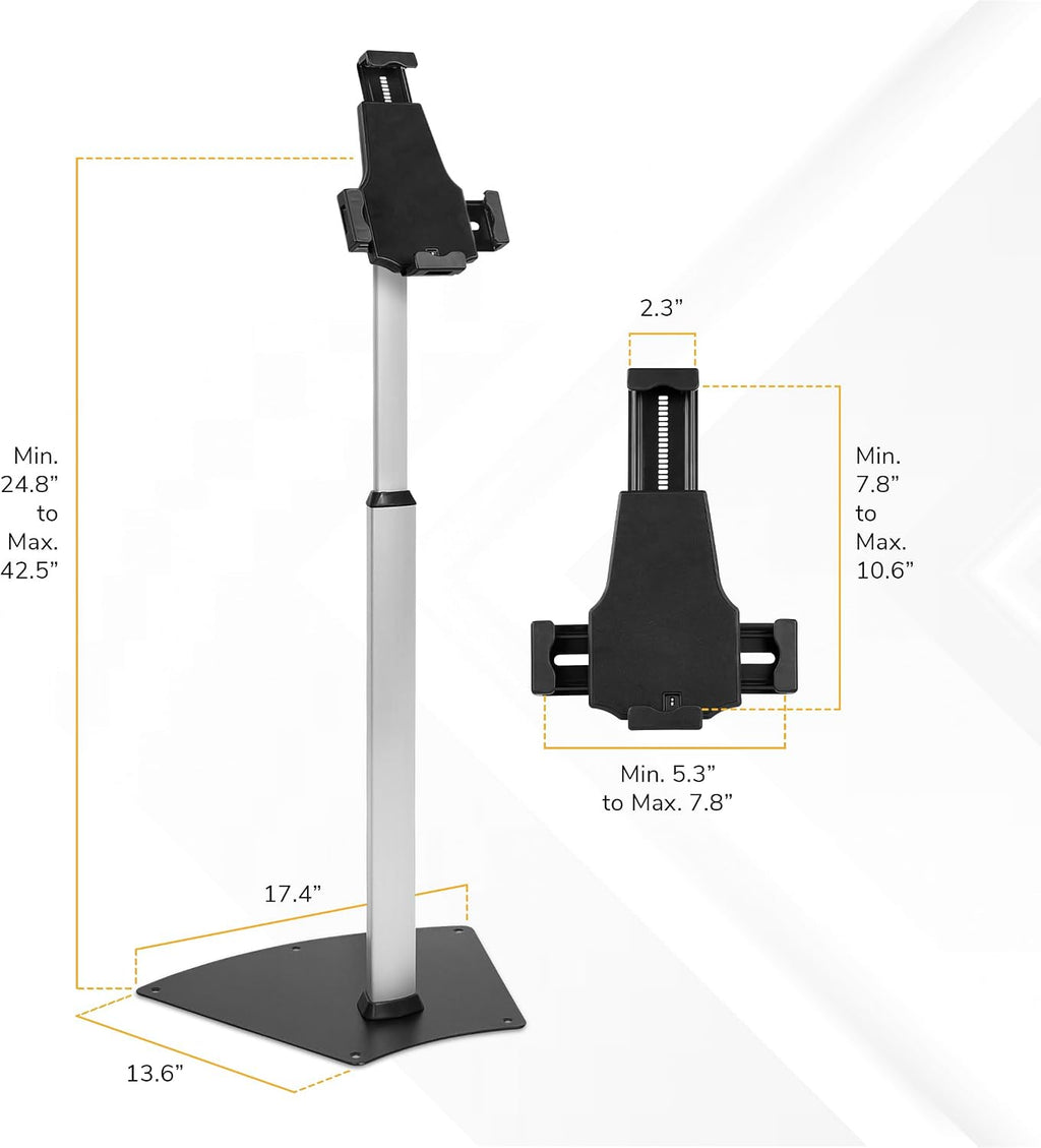 Mount-It! Anti-Theft Universal iPad & Samsung Tablet Floor Stand Kiosk, Locking Clamp, Height Adjustable 24.8'–42.5', 360° Rotating POS Kiosk for 7.9'–11' Tablets, Silver