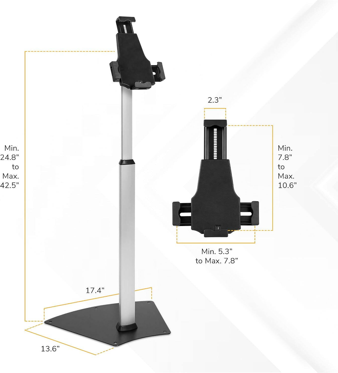 Mount-It! Anti-Theft Universal iPad & Samsung Tablet Floor Stand Kiosk, Locking Clamp, Height Adjustable 24.8'–42.5', 360° Rotating POS Kiosk for 7.9'–11' Tablets, Silver