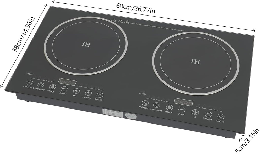 Double Induction Cooktop Portable Induction Cooker with 2 Burner Independent Control, Level 8 Firepower, 3-Hour Timer, Safety Lock, 2400w(1200w+1200w) Sensor Touch (2 Burner 2400W)